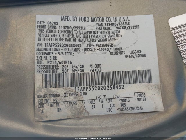 Aukcja sprzedaży 2002 Ford Taurus Ses, vin: 1FAFP55202G258452, numer aukcji: 44927393
