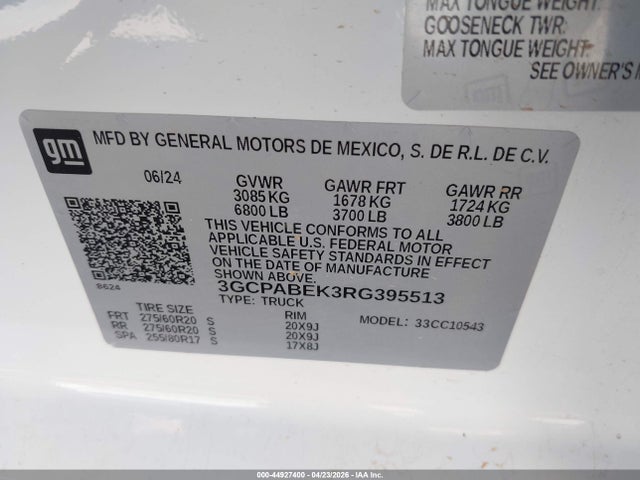 2024 Chevrolet Silverado 1500 2wd  Short Bed Custom მანქანა იყიდება აუქციონზე, vin: 3GCPABEK3RG395513, აუქციონის ნომერი: 44927400
