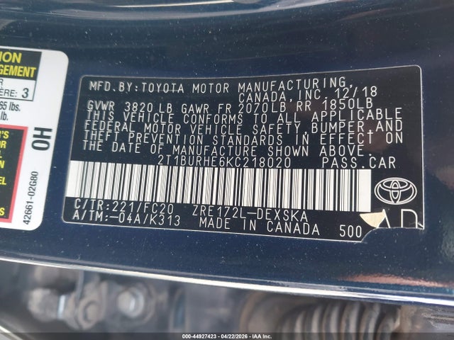44927423 :رقم المزاد ، 2T1BURHE6KC218020 vin ، 2019 Toyota Corolla Se مزاد بيع
