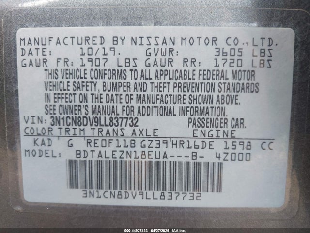 2020 Nissan Versa S Xtronic Cvt მანქანა იყიდება აუქციონზე, vin: 3N1CN8DV9LL837732, აუქციონის ნომერი: 44927433