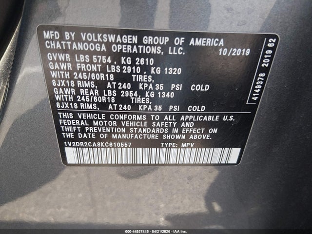 Aukcja sprzedaży 2019 Volkswagen Atlas 3.6l V6 Se, vin: 1V2DR2CA8KC610557, numer aukcji: 44927445