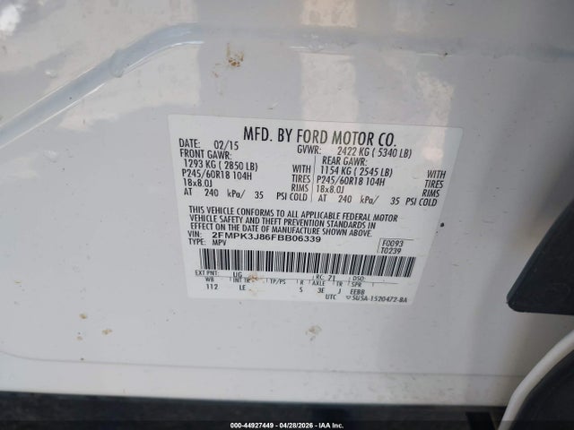 Ford EDGE SEL 2015 2FMPK3J86FBB06339 Image 9