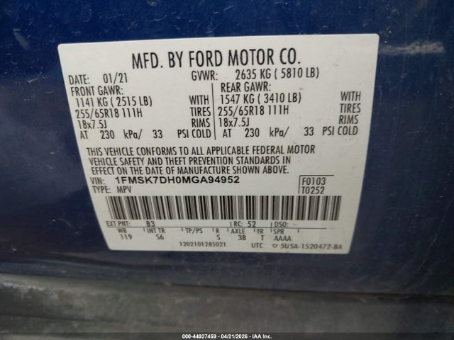 Продажа на аукционе авто 2021 Ford Explorer Xlt, vin: 1FMSK7DH0MGA94952, номер лота: 44927459