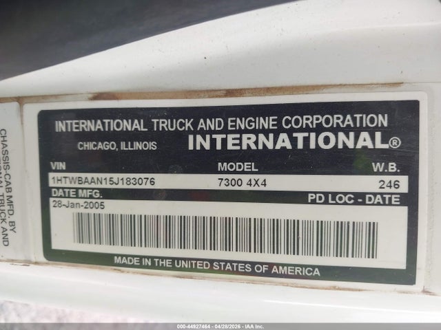 Продаж на аукціоні авто 2005 International 7000 7300, vin: 1HTWBAAN15J183076, номер лоту: 44927464