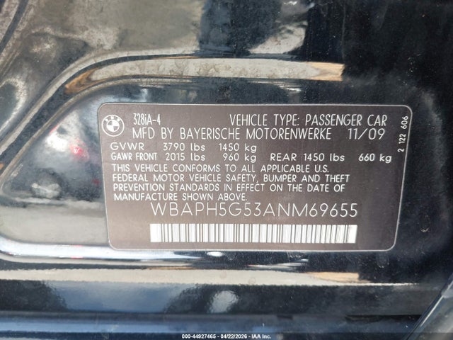 44927465 :رقم المزاد ، WBAPH5G53ANM69655 vin ، 2010 Bmw 328i مزاد بيع