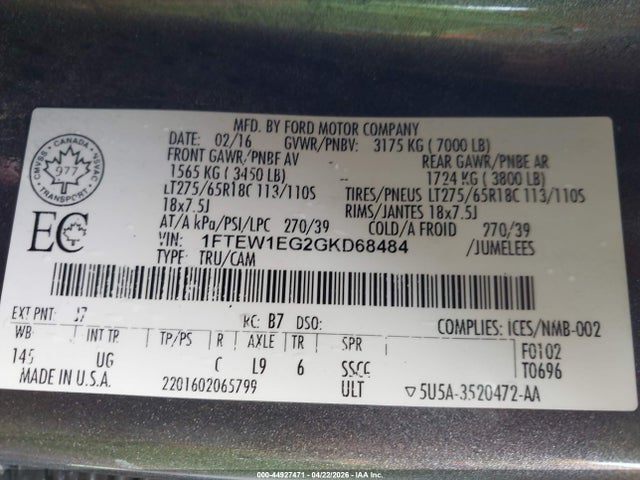 Ford F-150 Xlt 2016 1FTEW1EG2GKD68484 Image 9