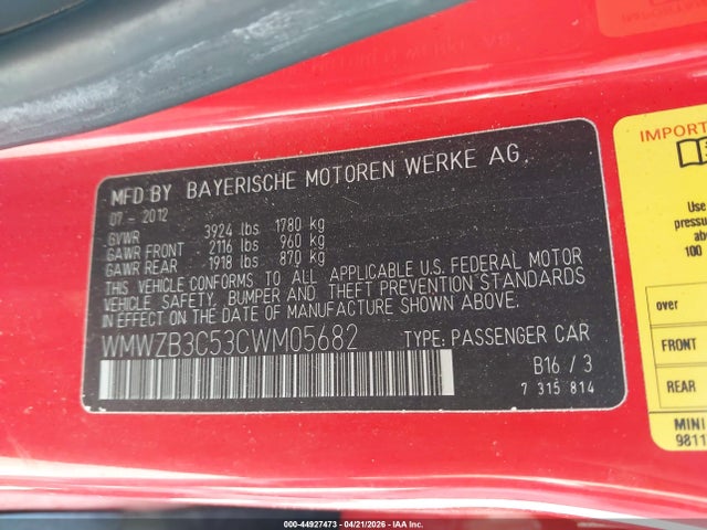 2012 Mini Cooper Countryman მანქანა იყიდება აუქციონზე, vin: WMWZB3C53CWM05682, აუქციონის ნომერი: 44927473