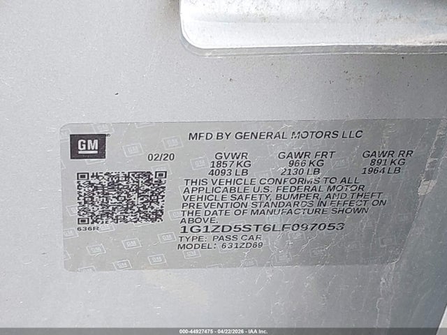 Продаж на аукціоні авто 2020 Chevrolet Malibu Fwd Lt, vin: 1G1ZD5ST6LF097053, номер лоту: 44927475