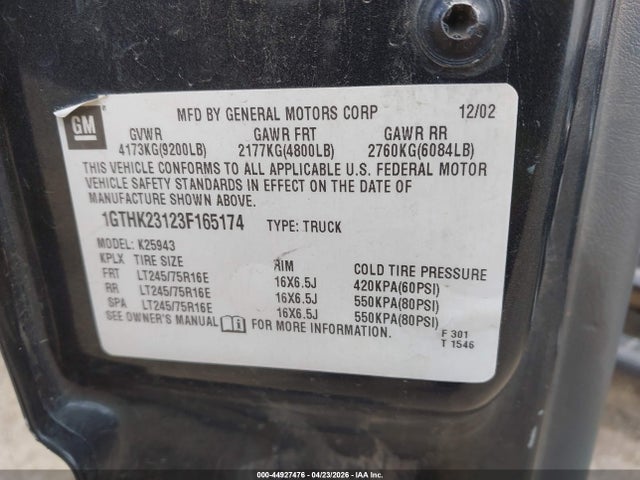 Продаж на аукціоні авто 2003 Gmc Sierra 2500hd Slt, vin: 1GTHK23123F165174, номер лоту: 44927476