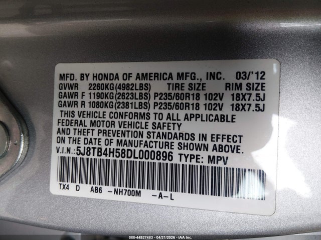 Продаж на аукціоні авто 2013 Acura Rdx, vin: 5J8TB4H58DL000896, номер лоту: 44927483
