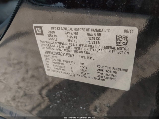 Aukcja sprzedaży 2012 Chevrolet Equinox Ls, vin: 2GNALBEK8C1135972, numer aukcji: 44927496