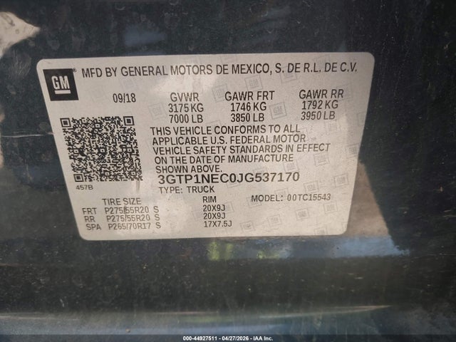 Aukcja sprzedaży 2018 Gmc Sierra 1500 Slt, vin: 3GTP1NEC0JG537170, numer aukcji: 44927511