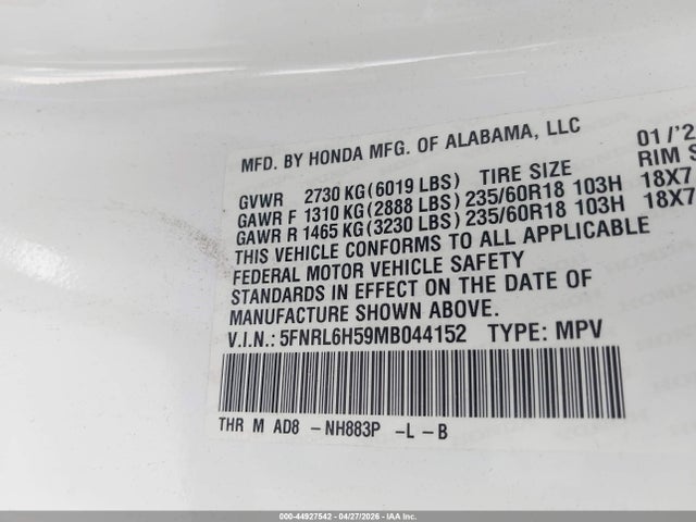 Honda ODYSSEY EX 2021 5FNRL6H59MB044152 Image 9