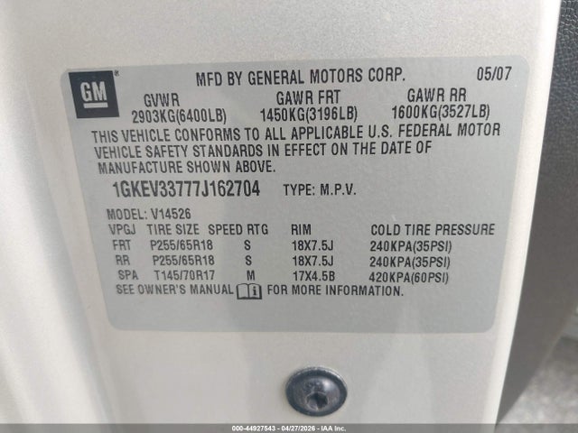 Aukcja sprzedaży 2007 Gmc Acadia Slt-1, vin: 1GKEV33777J162704, numer aukcji: 44927543