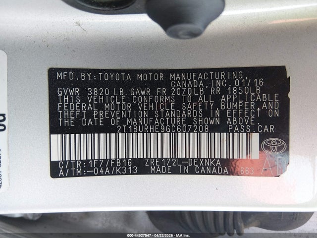 Aukcja sprzedaży 2016 Toyota Corolla Le, vin: 2T1BURHE9GC607208, numer aukcji: 44927547