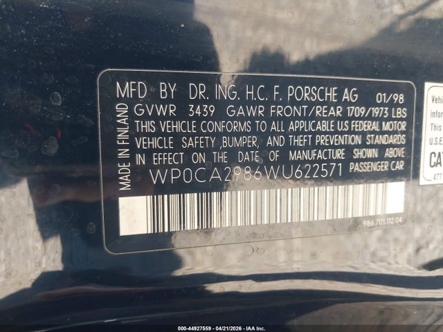 44927559 :رقم المزاد ، WP0CA2986WU622571 vin ، 1998 Porsche Boxster مزاد بيع