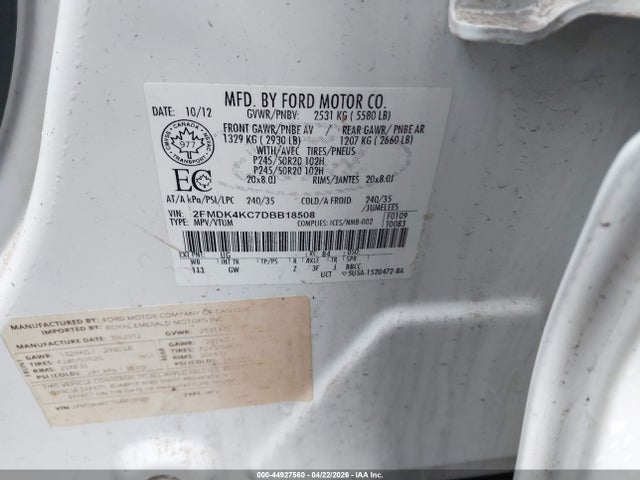 2013 Ford Edge Limited მანქანა იყიდება აუქციონზე, vin: 2FMDK4KC7DBB18508, აუქციონის ნომერი: 44927560