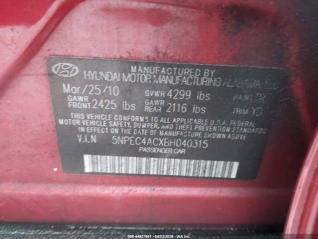 Aukcja sprzedaży 2011 Hyundai Sonata Ltd, vin: 5NPEC4ACXBH040315, numer aukcji: 44927561