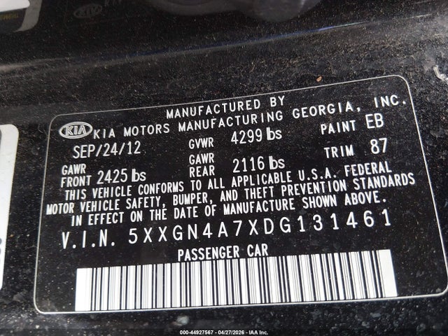 44927567 :رقم المزاد ، 5XXGN4A7XDG131461 vin ، 2013 Kia Optima Ex مزاد بيع