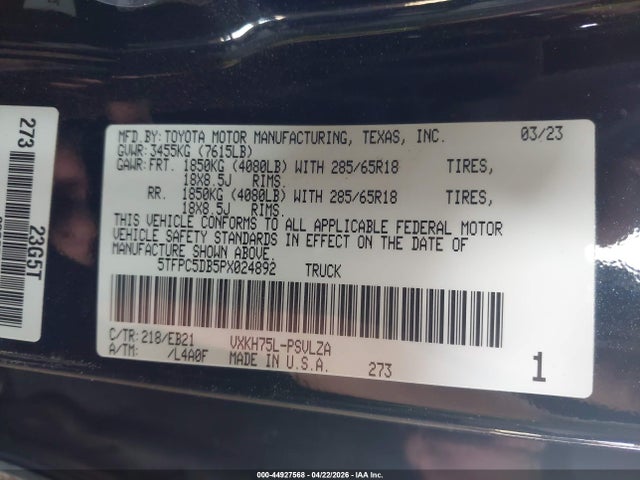 44927568 :رقم المزاد ، 5TFPC5DB5PX024892 vin ، 2023 Toyota Tundra Hybrid Trd Pro مزاد بيع
