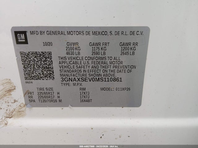 Aukcja sprzedaży 2021 Chevrolet Equinox Awd Ls, vin: 3GNAXSEV0MS110861, numer aukcji: 44927569