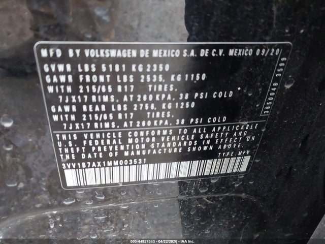 44927583 :رقم المزاد ، 3VV1B7AX1MM003531 vin ، 2021 Volkswagen Tiguan 2.0t S مزاد بيع
