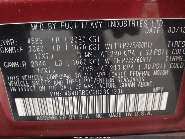 44927585 :رقم المزاد ، 4S4BRBCC3D3301300 vin ، 2013 Subaru Outback 2.5i Premium مزاد بيع