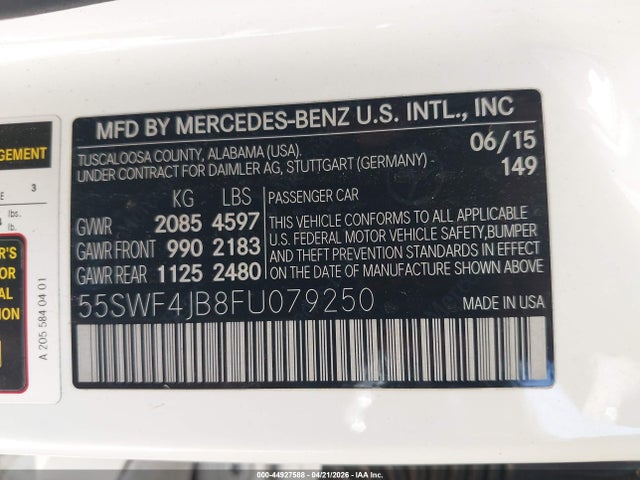 44927588 :رقم المزاد ، 55SWF4JB8FU079250 vin ، 2015 Mercedes-benz C 300 مزاد بيع