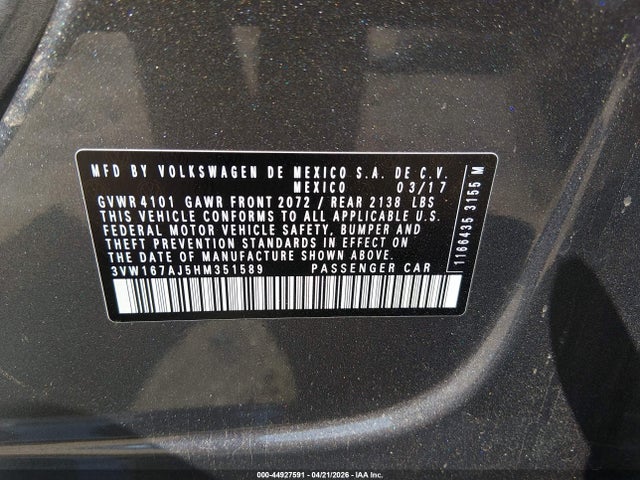 2017 Volkswagen Jetta 1.4t S მანქანა იყიდება აუქციონზე, vin: 3VW167AJ5HM351589, აუქციონის ნომერი: 44927591