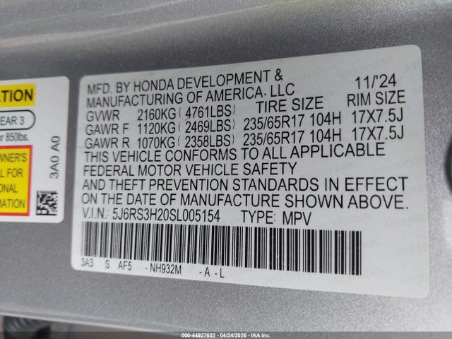 44927602 :رقم المزاد ، 5J6RS3H20SL005154 vin ، 2025 Honda Cr-v Lx 2wd مزاد بيع