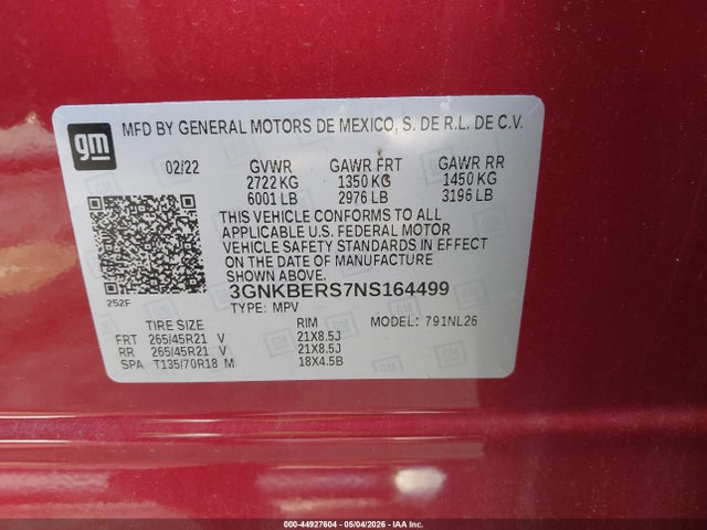 Продаж на аукціоні авто 2022 Chevrolet Blazer Fwd Rs, vin: 3GNKBERS7NS164499, номер лоту: 44927604