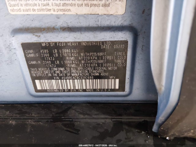 2012 Subaru Outback 2.5i მანქანა იყიდება აუქციონზე, vin: 4S4BRCAC9C3292688, აუქციონის ნომერი: 44927612