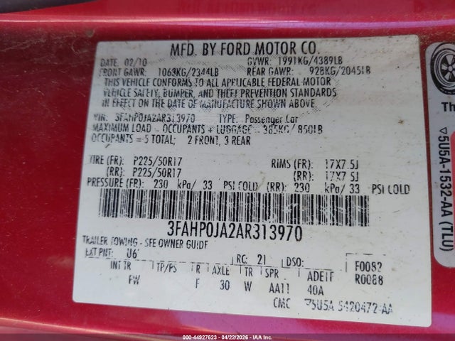 Продажа на аукционе авто 2010 Ford Fusion Sel, vin: 3FAHP0JA2AR313970, номер лота: 44927623