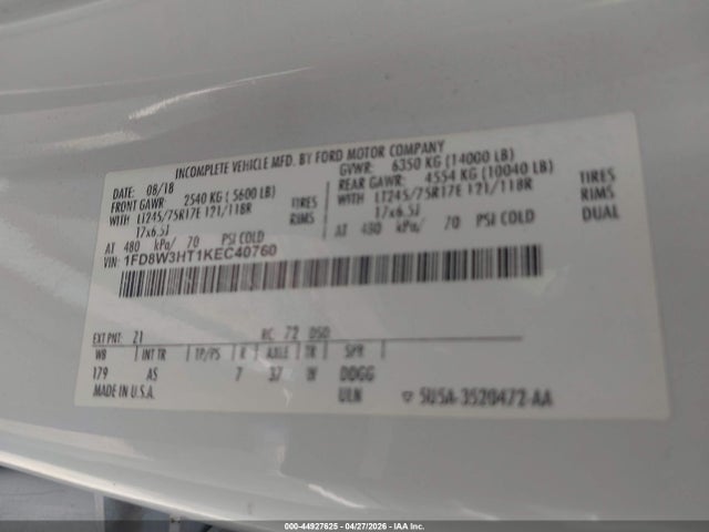 44927625 :رقم المزاد ، 1FD8W3HT1KEC40760 vin ، 2019 Ford F-350 Chassis Xl مزاد بيع
