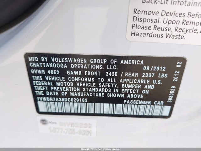Продаж на аукціоні авто 2013 Volkswagen Passat 2.0l Tdi Se, vin: 1VWBN7A35DC029183, номер лоту: 44927632
