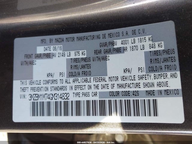 Продажа на аукционе авто 2016 Mazda Mazda3 I Touring, vin: 3MZBM1M74GM314832, номер лота: 44927636