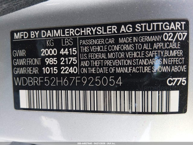 Aukcja sprzedaży 2007 Mercedes-benz C 230 Sport, vin: WDBRF52H67F925054, numer aukcji: 44927640