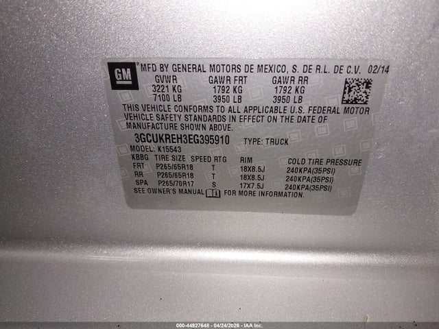 3GCUKREH3EG395910 Chevrolet Silverado 1500 1lt