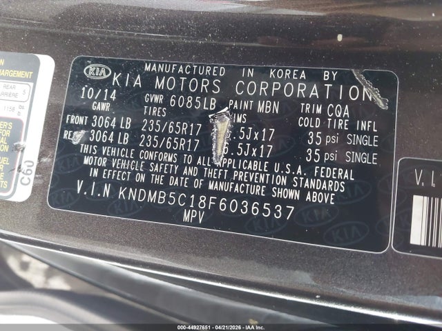 Aukcja sprzedaży 2015 Kia Sedona Lx, vin: KNDMB5C18F6036537, numer aukcji: 44927651