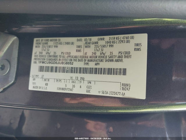 2018 Ford Escape Se მანქანა იყიდება აუქციონზე, vin: 1FMCU9GD0JUB58052, აუქციონის ნომერი: 44927655