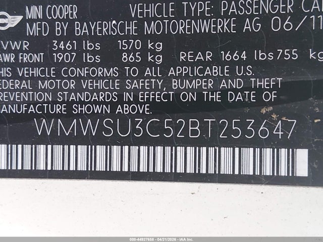 Продаж на аукціоні авто 2011 Mini Cooper, vin: WMWSU3C52BT253647, номер лоту: 44927658