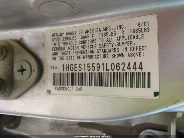 Aukcja sprzedaży 2001 Honda Civic Lx, vin: 1HGES15591L062444, numer aukcji: 44927659