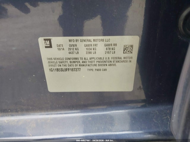 44927661 :رقم المزاد ، 1G11B5SL8FF187277 vin ، 2015 Chevrolet Malibu Ls مزاد بيع