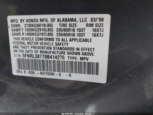 Продажа на аукционе авто 2008 Honda Odyssey Ex-l, vin: 5FNRL38778B414276, номер лота: 44927662