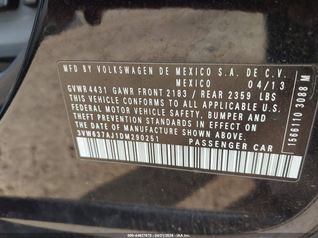 Aukcja sprzedaży 2013 Volkswagen Jetta Hybrid Sel Premium, vin: 3VW637AJ1DM290251, numer aukcji: 44927670