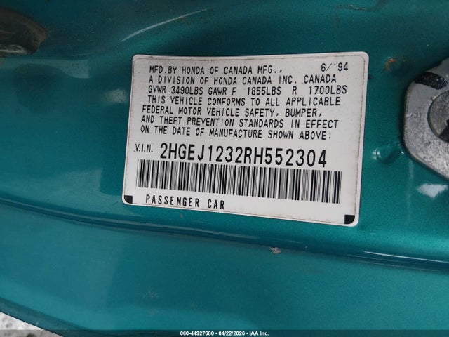 44927680 :رقم المزاد ، 2HGEJ1232RH552304 vin ، 1994 Honda Civic Ex مزاد بيع