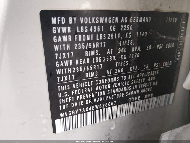 44927690 :رقم المزاد ، WVGBV7AX4BW528067 vin ، 2011 Volkswagen Tiguan Se مزاد بيع
