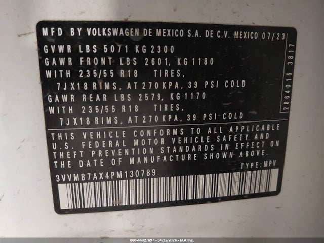 2023 Volkswagen Tiguan 2.0t Se მანქანა იყიდება აუქციონზე, vin: 3VVMB7AX4PM130789, აუქციონის ნომერი: 44927697