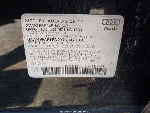 44927698 :رقم المزاد ، WA1LFAFP9CA032623 vin ، 2012 Audi Q5 2.0t Premium مزاد بيع