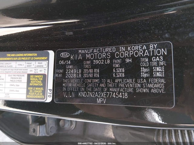 44927702 :رقم المزاد ، KNDJN2A2XE7745418 vin ، 2014 Kia Soul مزاد بيع